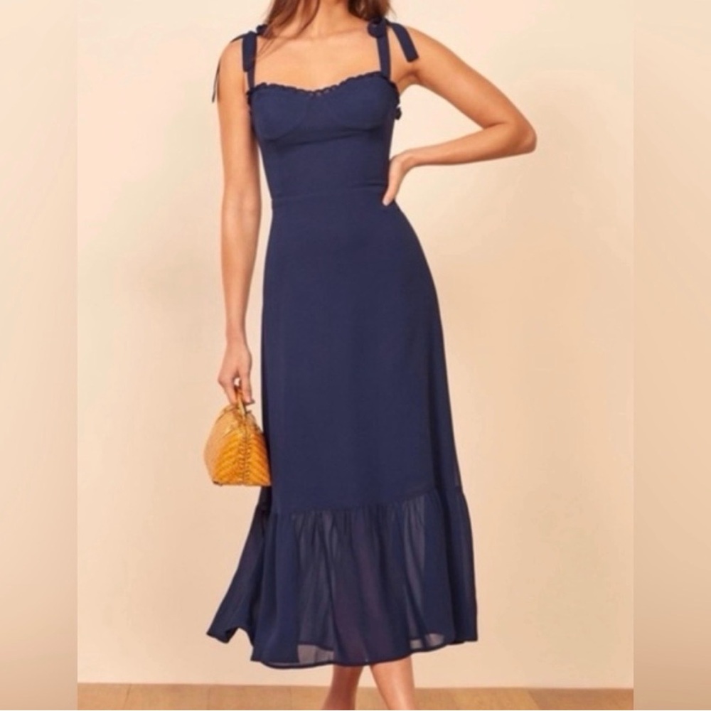 Reformation Navy Midi Polka Dot Dress with Ruffle Hem 8